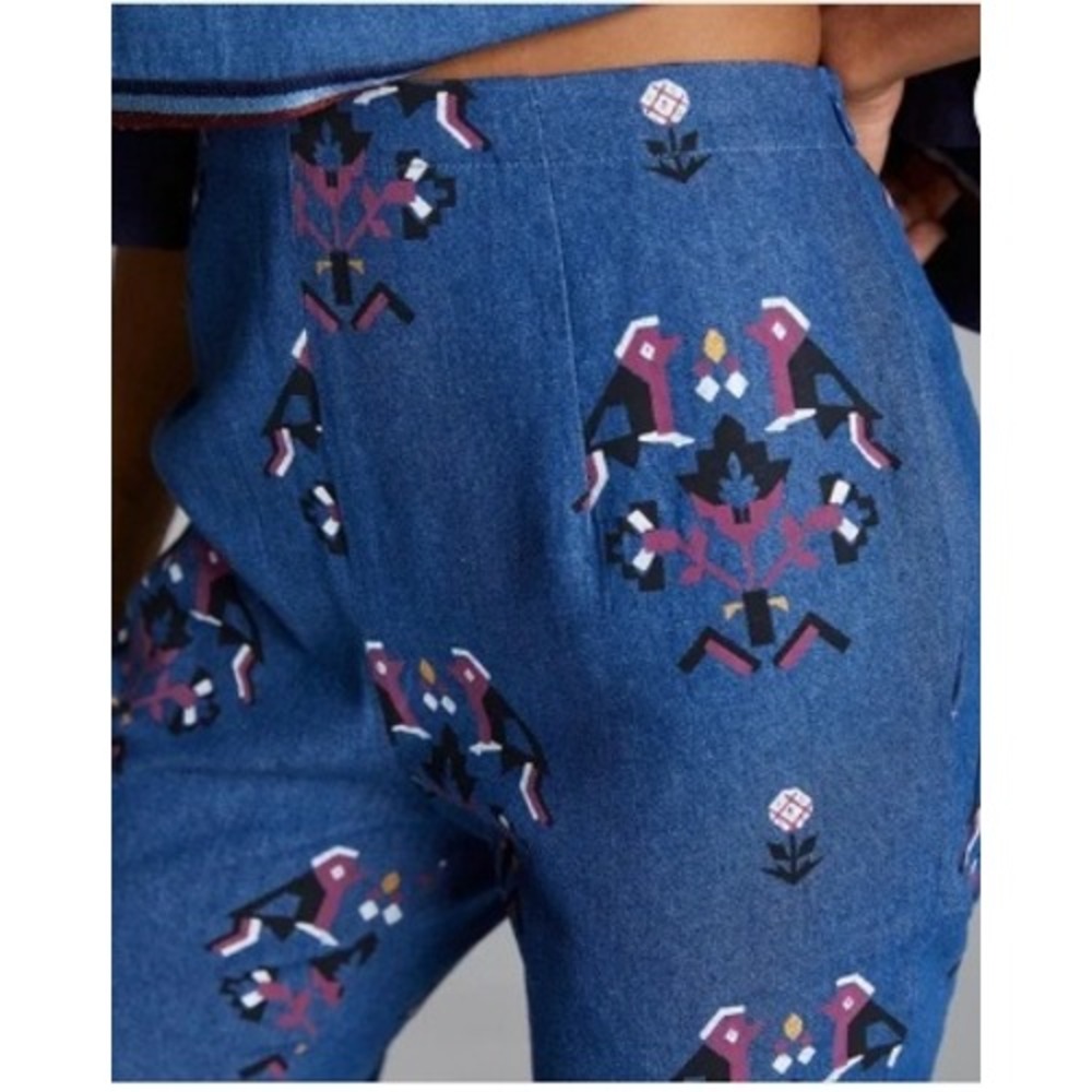 Anthropologie SVA Sonam Paras Modi Boho Bird Floral Blue Denim Pants Size 10 - Picture 2 of 16